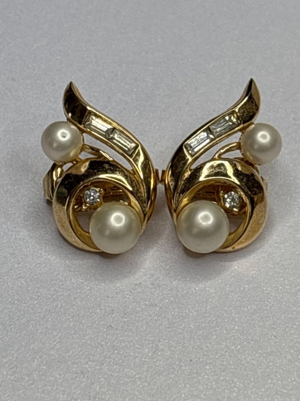 Vintage Trifari Faux Pearl & Baguette Rhinestone Earrings | Bonus Lisner Star Pe